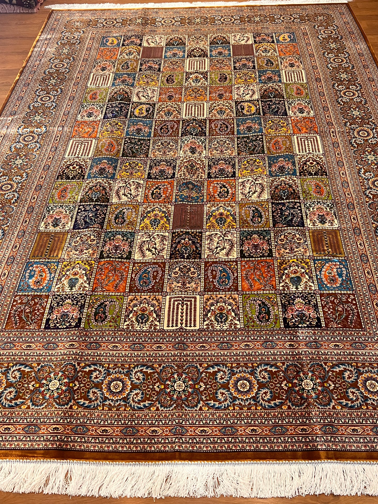 7’ x 10’ Luxury Silk Rug – Multicolor Garden Panel Design – Intricate Woven Turkish Area Rug