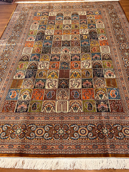7’ x 10’ Luxury Silk Rug – Multicolor Garden Panel Design – Intricate Woven Turkish Area Rug