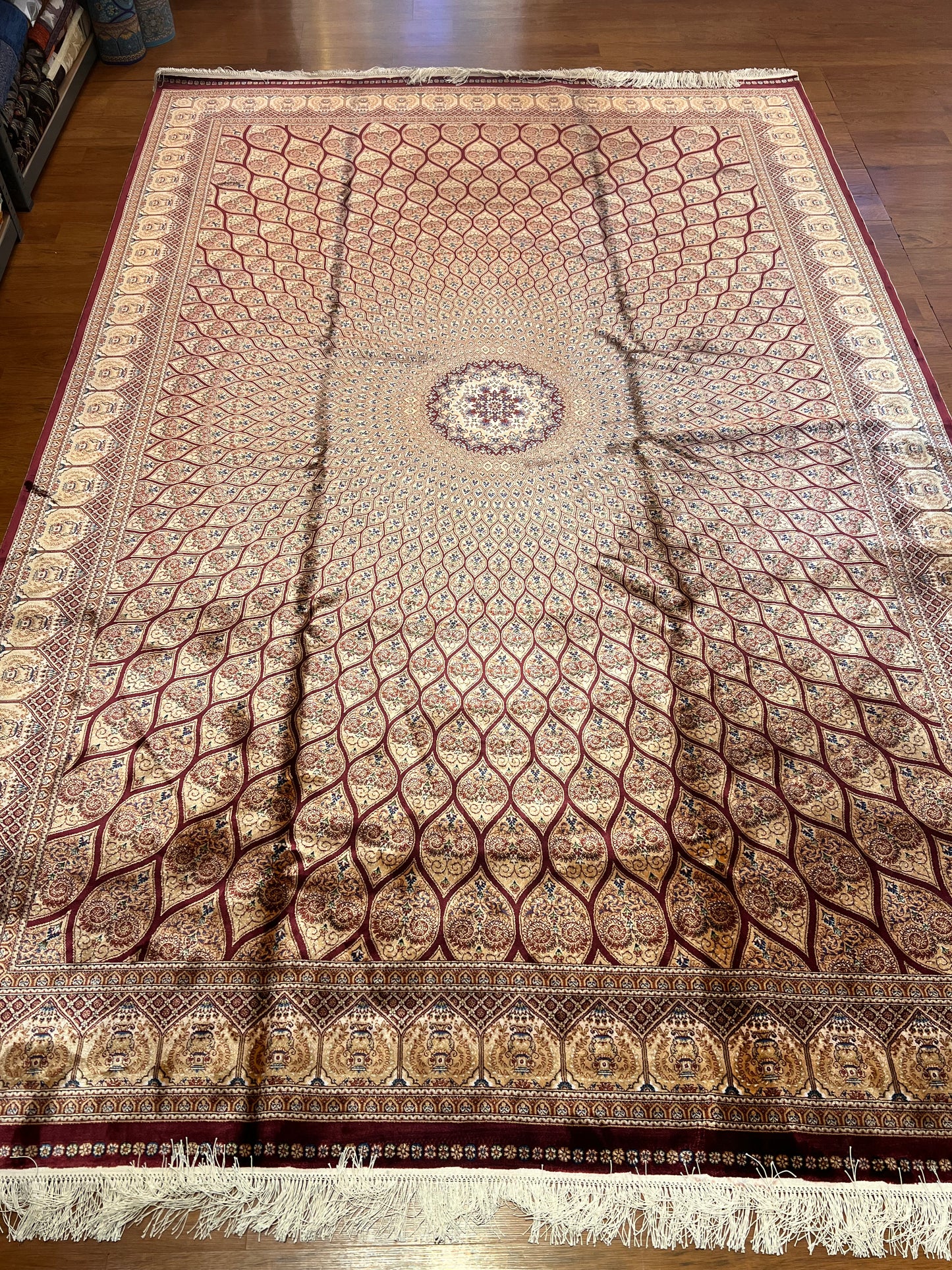 7’ x 10’ Luxury Silk Rug – Burgundy & Ivory Radiating Medallion Design – Intricate Woven Turkish Area Rug