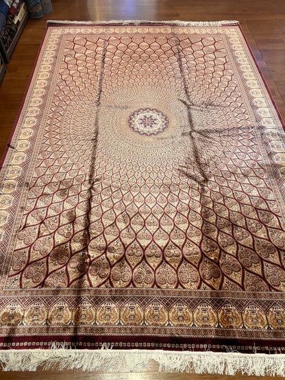 7’ x 10’ Luxury Silk Rug – Burgundy & Ivory Radiating Medallion Design – Intricate Woven Turkish Area Rug