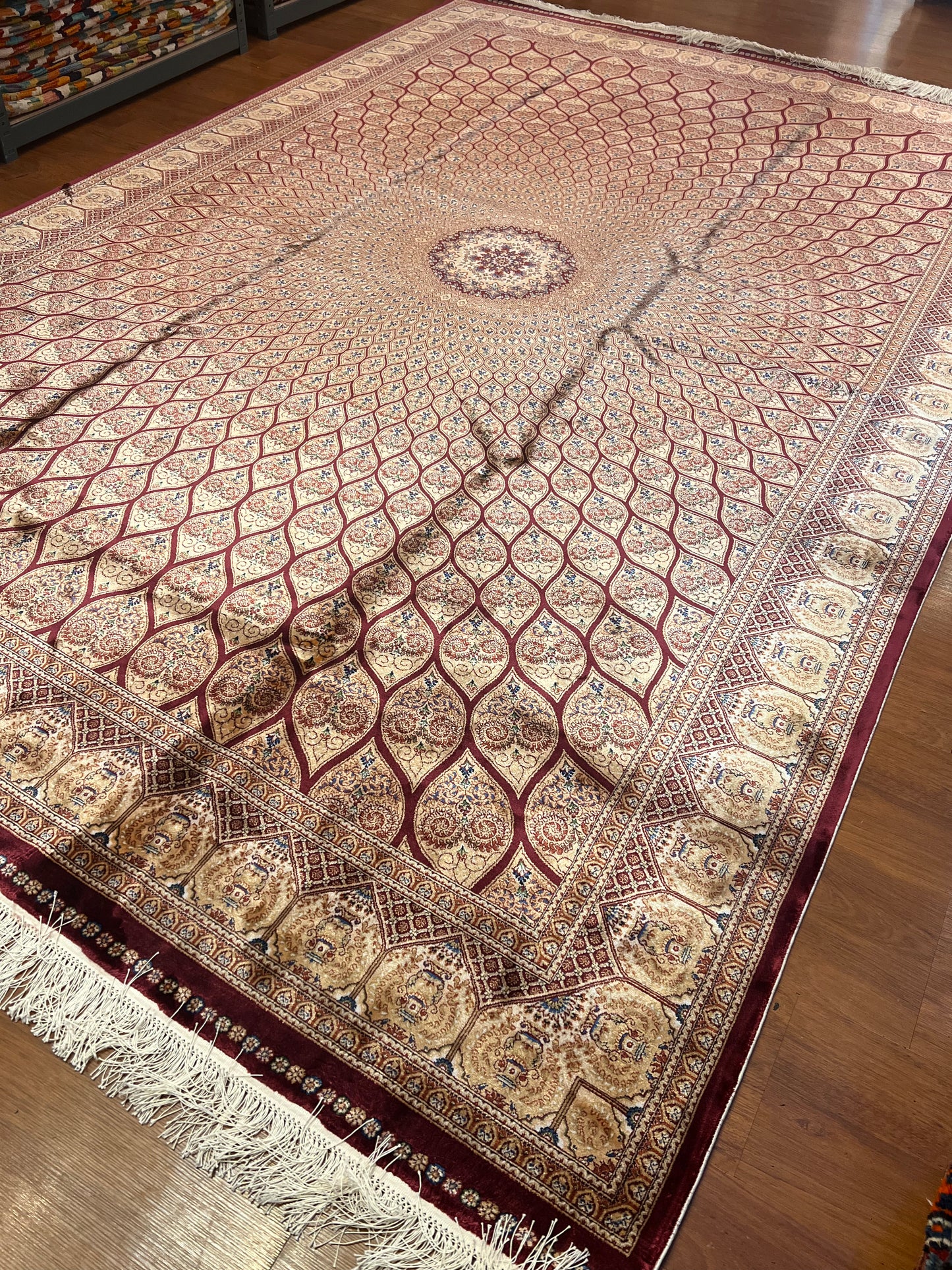 7’ x 10’ Luxury Silk Rug – Burgundy & Ivory Radiating Medallion Design – Intricate Woven Turkish Area Rug