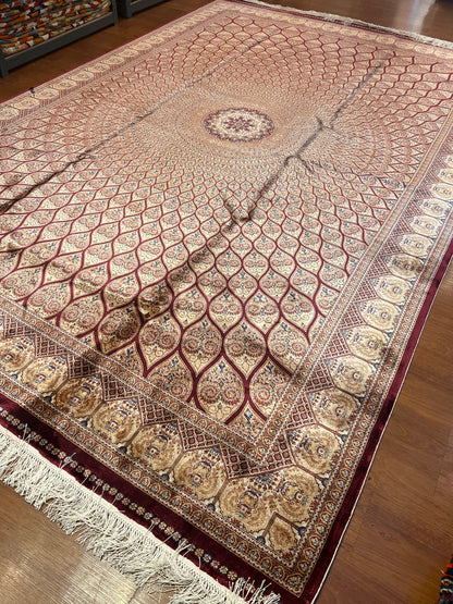7’ x 10’ Luxury Silk Rug – Burgundy & Ivory Radiating Medallion Design – Intricate Woven Turkish Area Rug