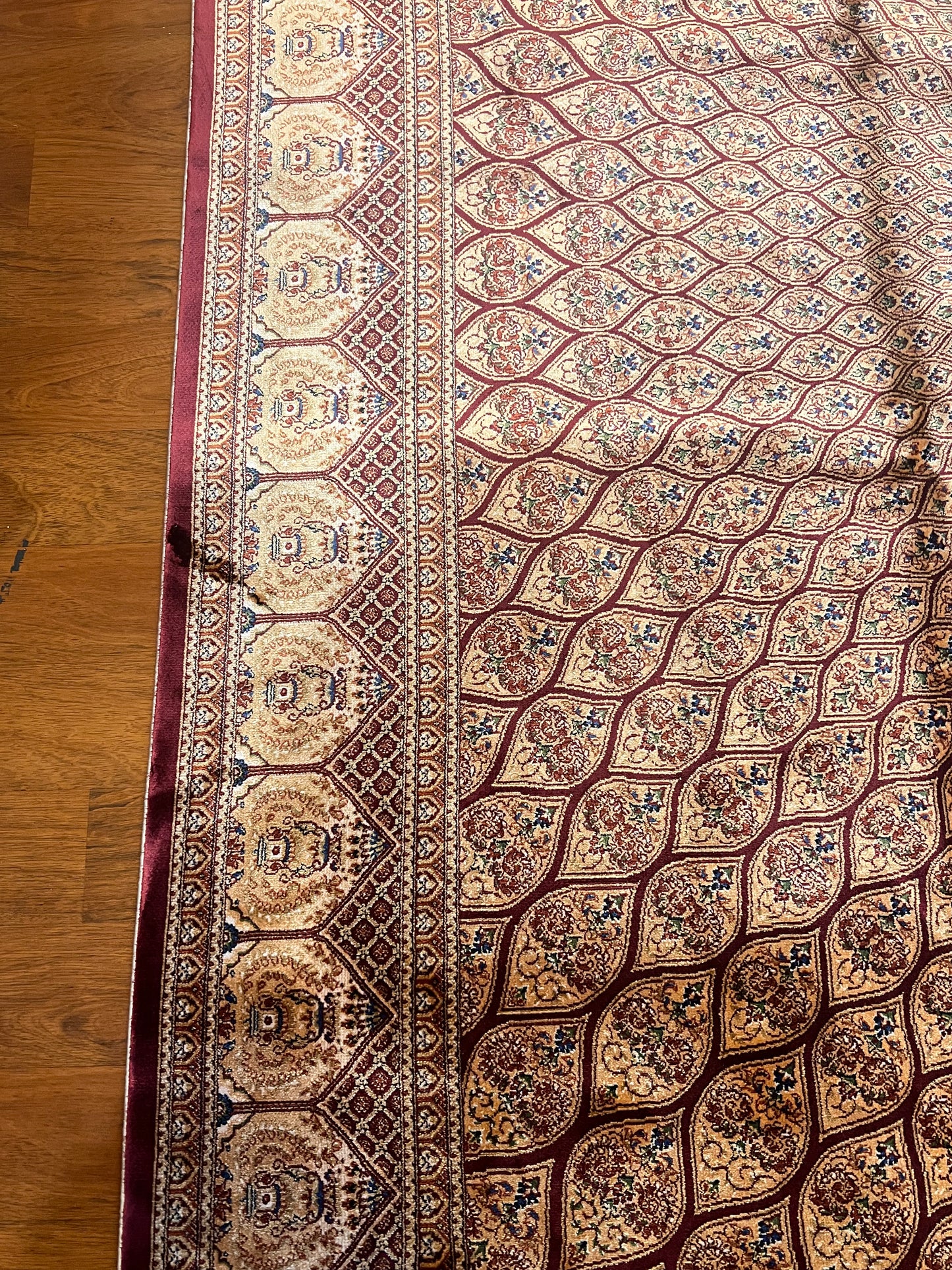 7’ x 10’ Luxury Silk Rug – Burgundy & Ivory Radiating Medallion Design – Intricate Woven Turkish Area Rug