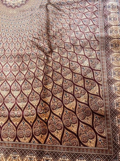 7’ x 10’ Luxury Silk Rug – Burgundy & Ivory Radiating Medallion Design – Intricate Woven Turkish Area Rug