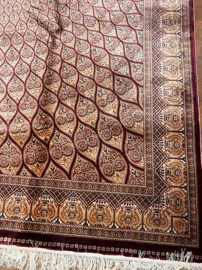 7’ x 10’ Luxury Silk Rug – Burgundy & Ivory Radiating Medallion Design – Intricate Woven Turkish Area Rug