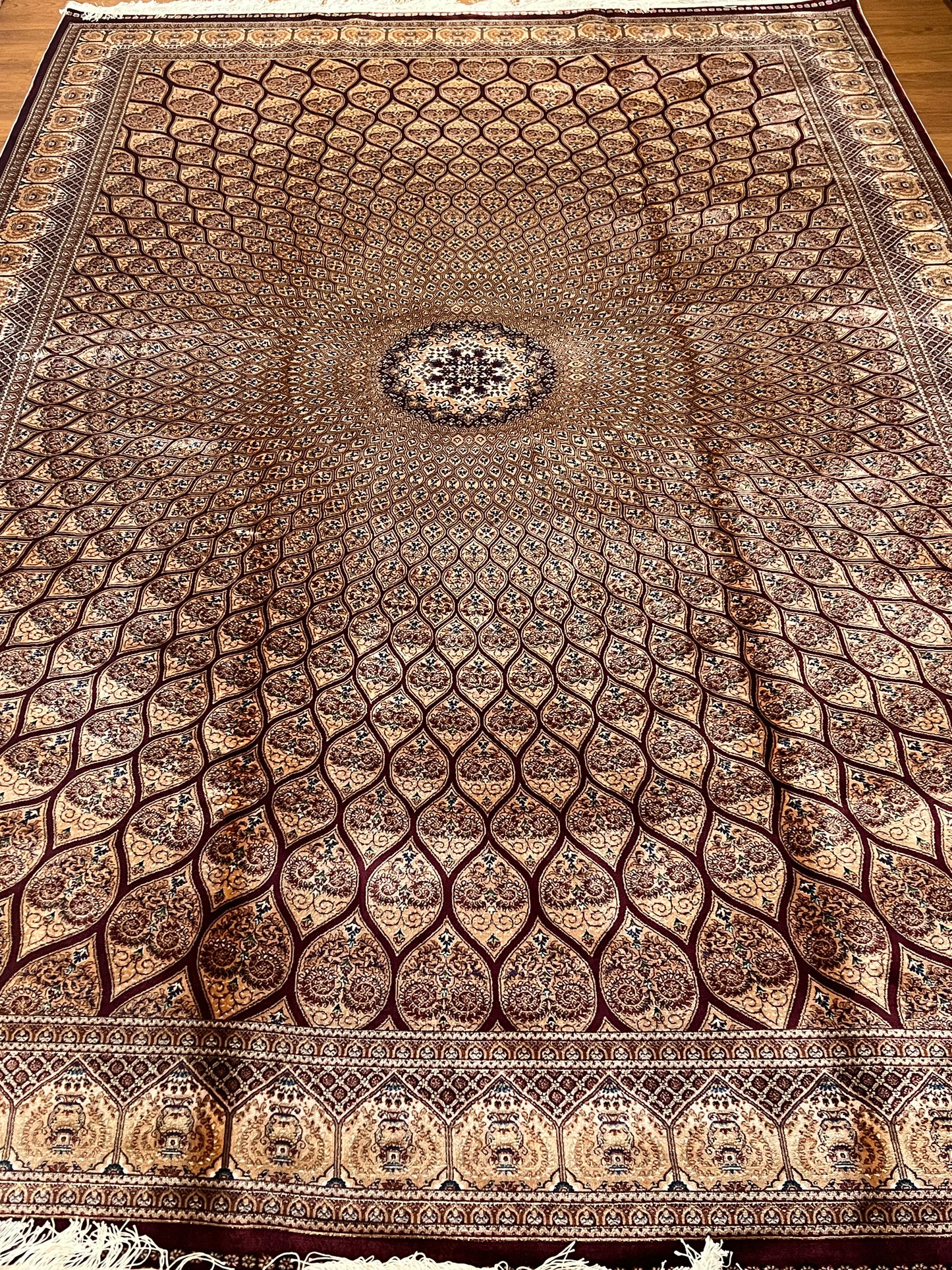 7’ x 10’ Luxury Silk Rug – Burgundy & Ivory Radiating Medallion Design – Intricate Woven Turkish Area Rug