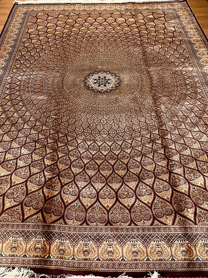 7’ x 10’ Luxury Silk Rug – Burgundy & Ivory Radiating Medallion Design – Intricate Woven Turkish Area Rug
