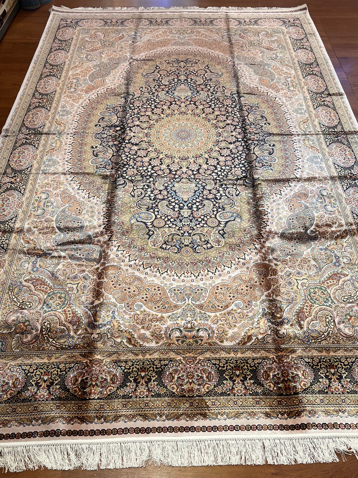 7’ x 10’ Luxury Silk Rug – Navy & Ivory Grand Medallion Design – Ornate Woven Turkish Area Rug