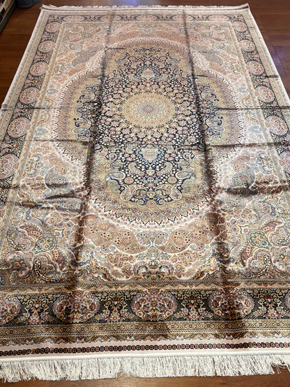 7’ x 10’ Luxury Silk Rug – Navy & Ivory Grand Medallion Design – Ornate Woven Turkish Area Rug