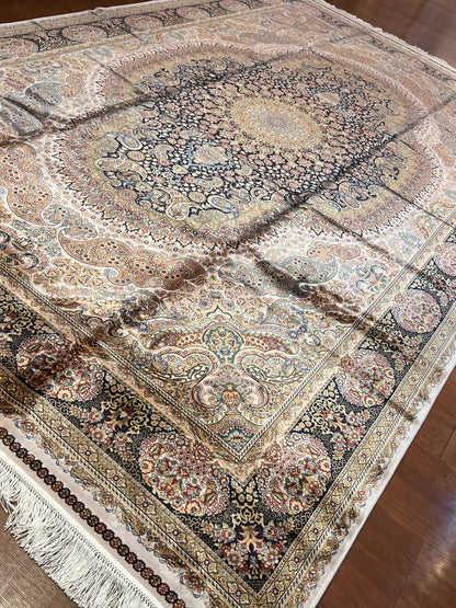 7’ x 10’ Luxury Silk Rug – Navy & Ivory Grand Medallion Design – Ornate Woven Turkish Area Rug