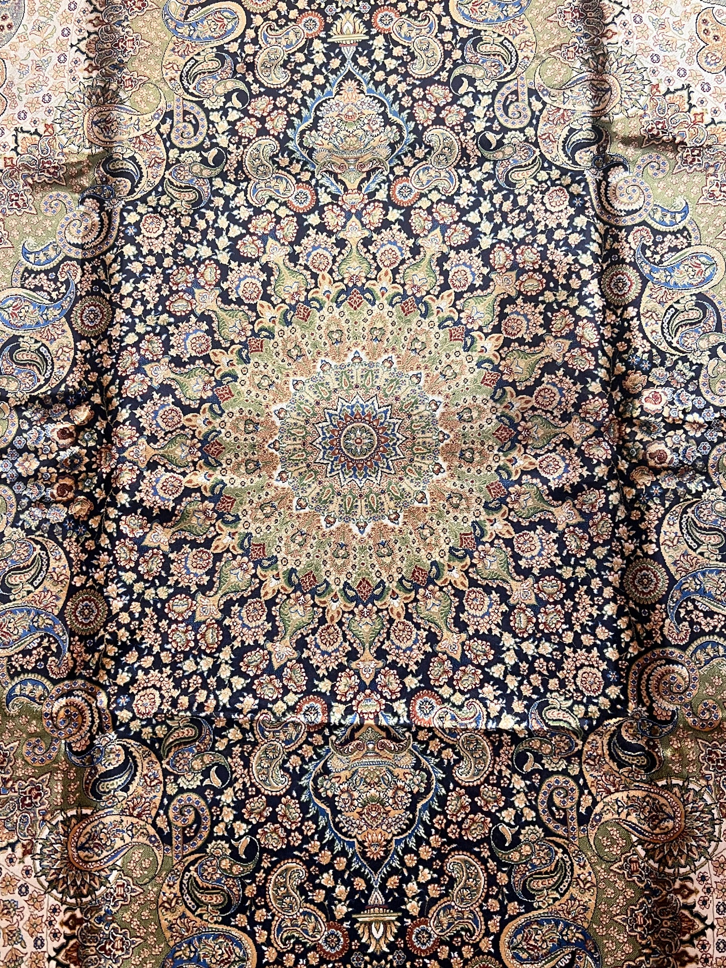 7’ x 10’ Luxury Silk Rug – Navy & Ivory Grand Medallion Design – Ornate Woven Turkish Area Rug