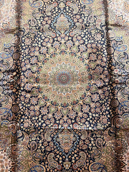7’ x 10’ Luxury Silk Rug – Navy & Ivory Grand Medallion Design – Ornate Woven Turkish Area Rug