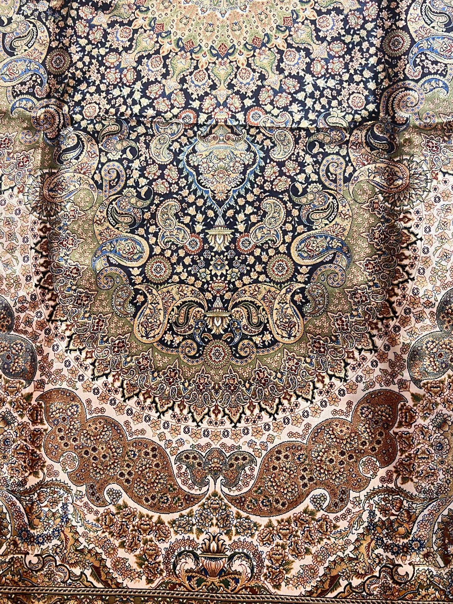 7’ x 10’ Luxury Silk Rug – Navy & Ivory Grand Medallion Design – Ornate Woven Turkish Area Rug