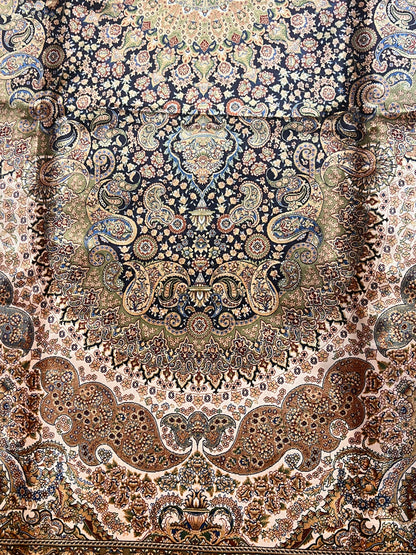 7’ x 10’ Luxury Silk Rug – Navy & Ivory Grand Medallion Design – Ornate Woven Turkish Area Rug
