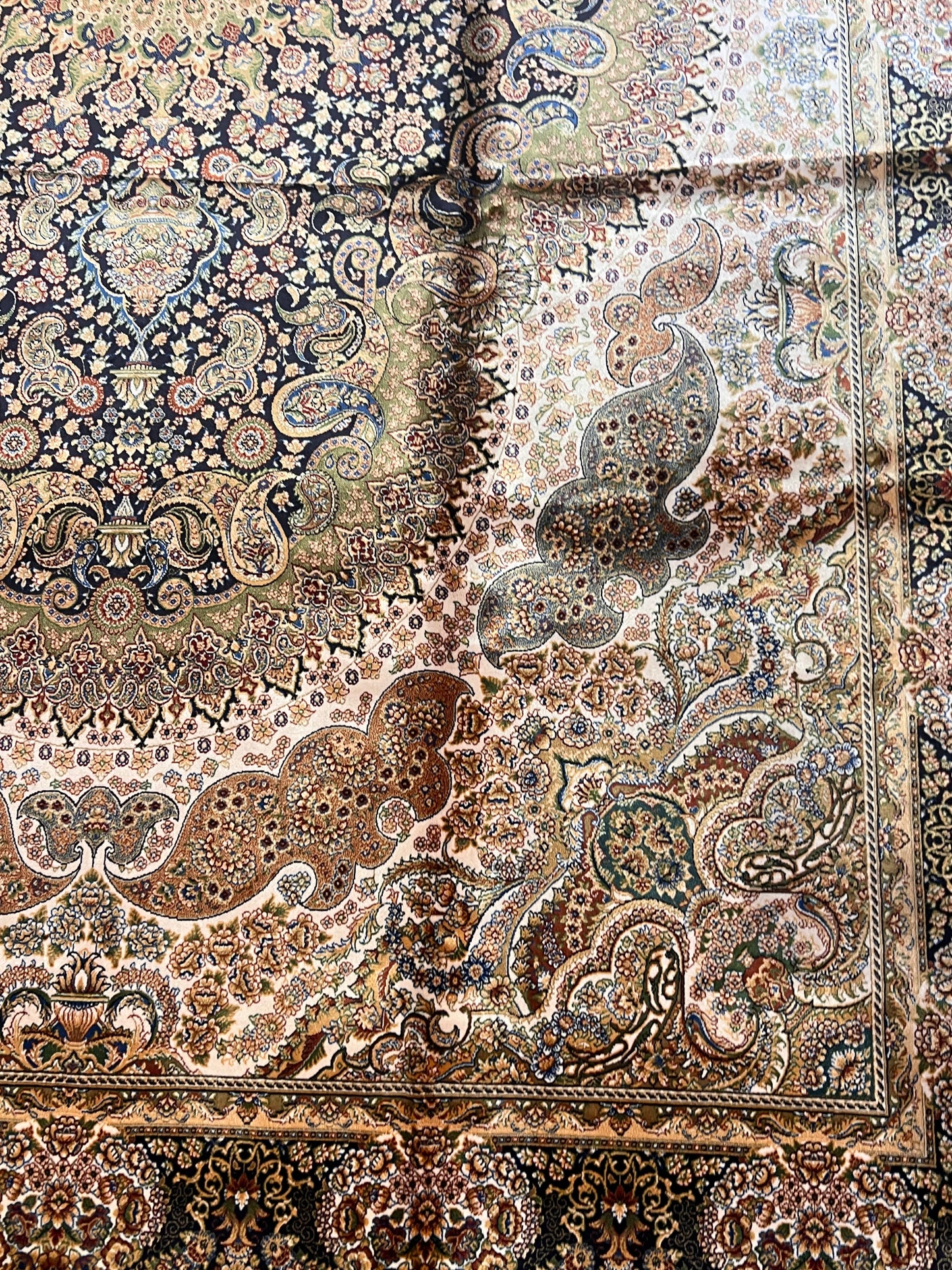 7’ x 10’ Luxury Silk Rug – Navy & Ivory Grand Medallion Design – Ornate Woven Turkish Area Rug