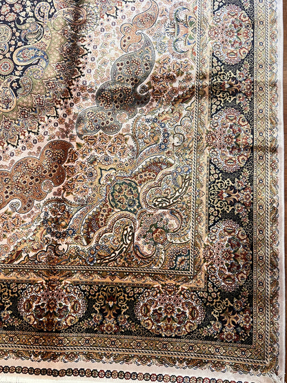 7’ x 10’ Luxury Silk Rug – Navy & Ivory Grand Medallion Design – Ornate Woven Turkish Area Rug