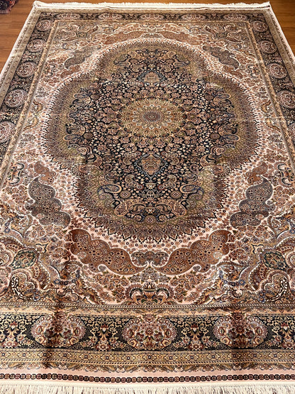 7’ x 10’ Luxury Silk Rug – Navy & Ivory Grand Medallion Design – Ornate Woven Turkish Area Rug