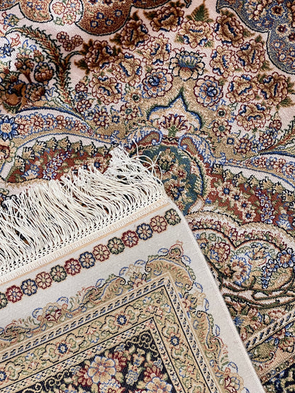 7’ x 10’ Luxury Silk Rug – Navy & Ivory Grand Medallion Design – Ornate Woven Turkish Area Rug