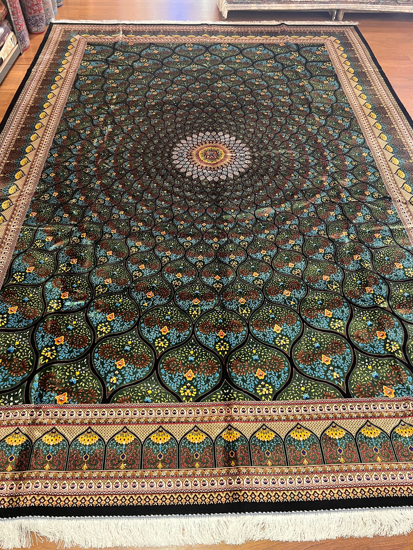 8x12 Silk Rug – Emerald Green & Turquoise Floral Medallion Woven Area Rug