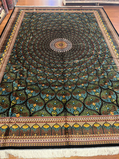 8x12 Silk Rug – Emerald Green & Turquoise Floral Medallion Woven Area Rug