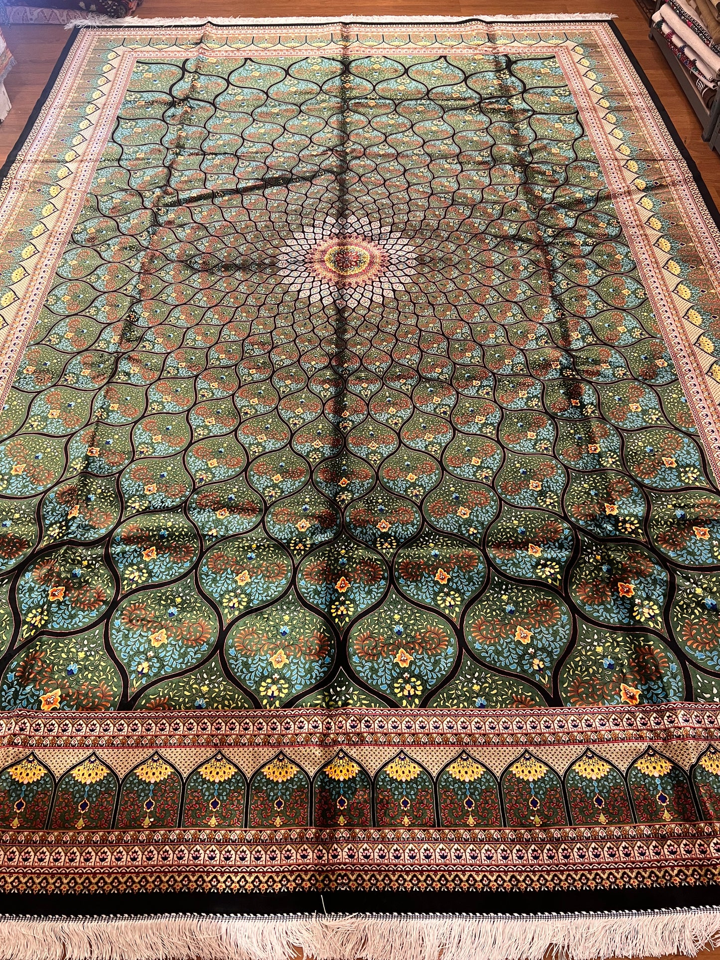 8x12 Silk Rug – Emerald Green & Turquoise Floral Medallion Woven Area Rug