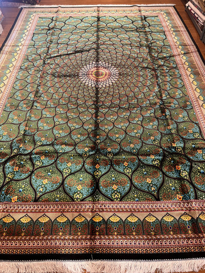 8x12 Silk Rug – Emerald Green & Turquoise Floral Medallion Woven Area Rug