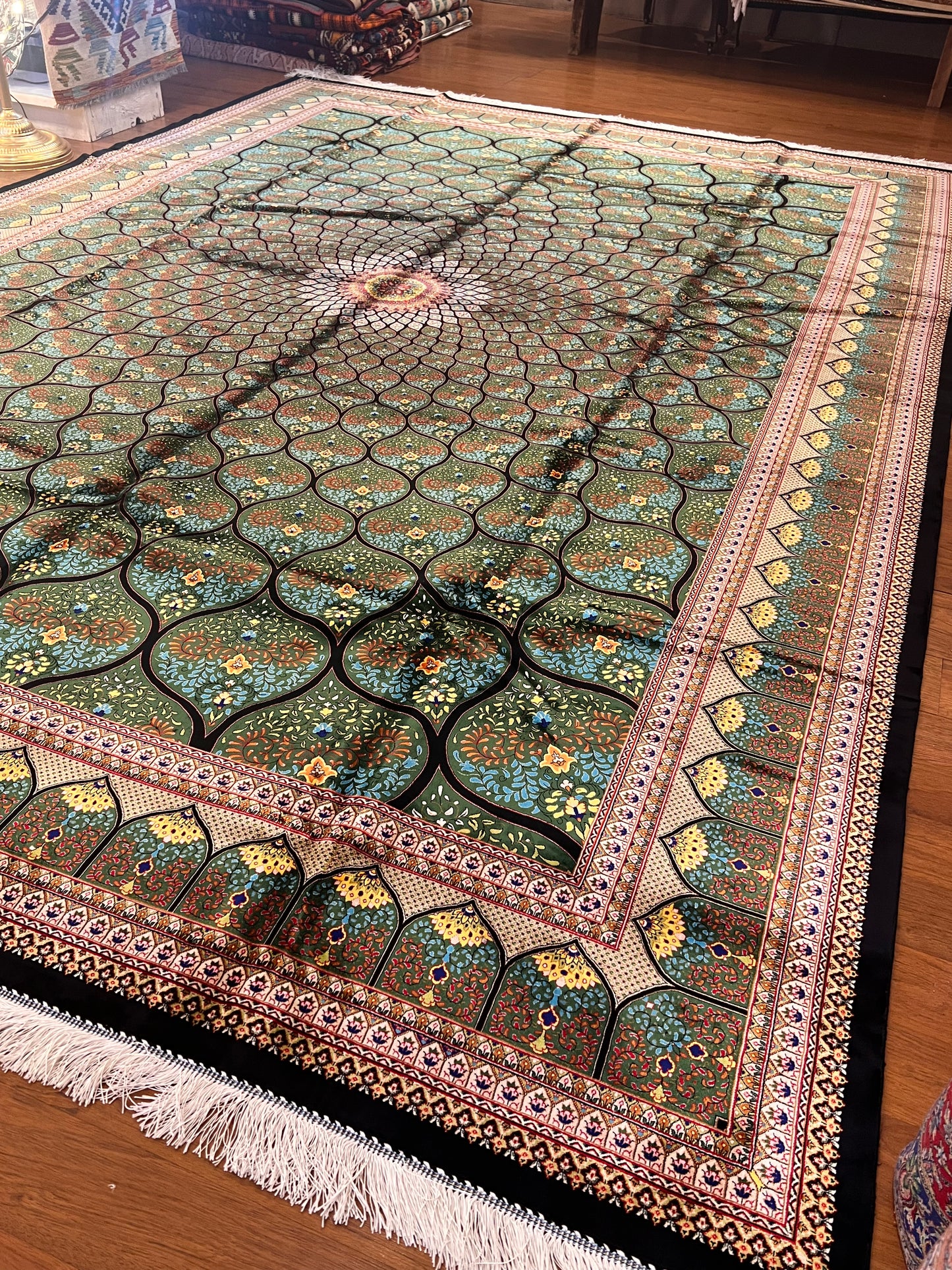 8x12 Silk Rug – Emerald Green & Turquoise Floral Medallion Woven Area Rug