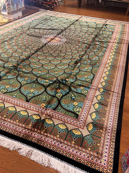 8x12 Silk Rug – Emerald Green & Turquoise Floral Medallion Woven Area Rug
