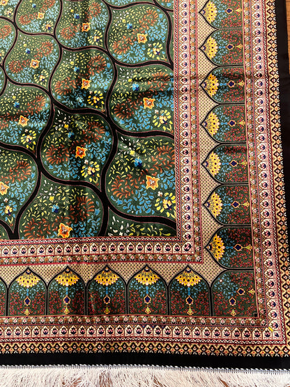 8x12 Silk Rug – Emerald Green & Turquoise Floral Medallion Woven Area Rug