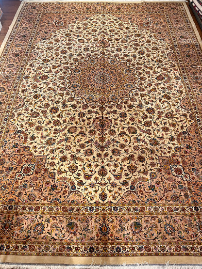 8x12 Silk Rug – Ivory & Beige Floral Medallion Woven Area Rug – Elegant Traditional Large Rug