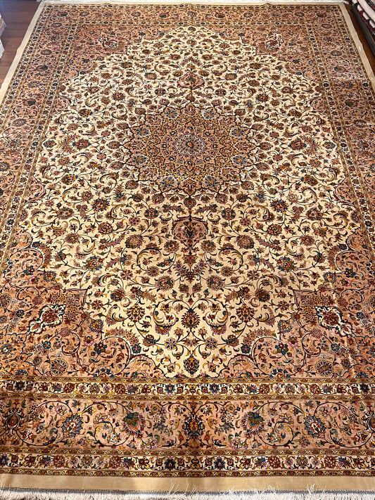 8x12 Silk Rug – Ivory & Beige Floral Medallion Woven Area Rug – Elegant Traditional Large Rug
