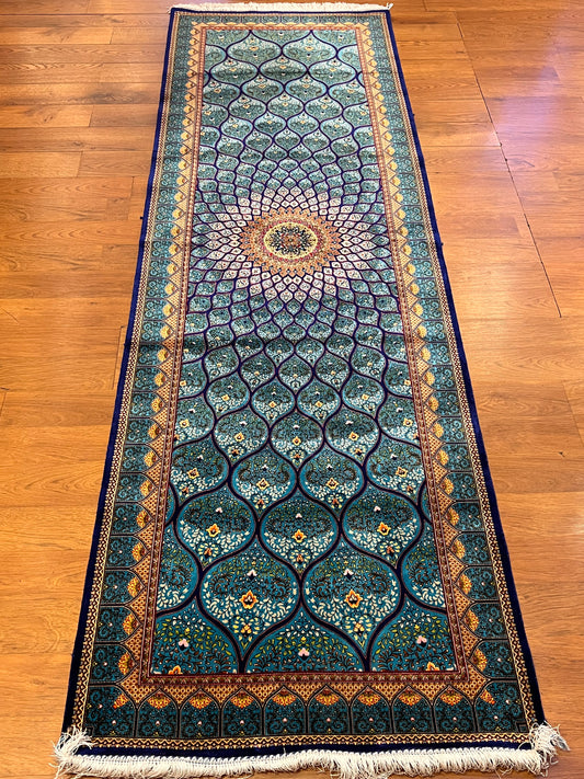 Silk Runner Rug – Turquoise & Navy Radiant Medallion Design – 2’7” × 8’4”