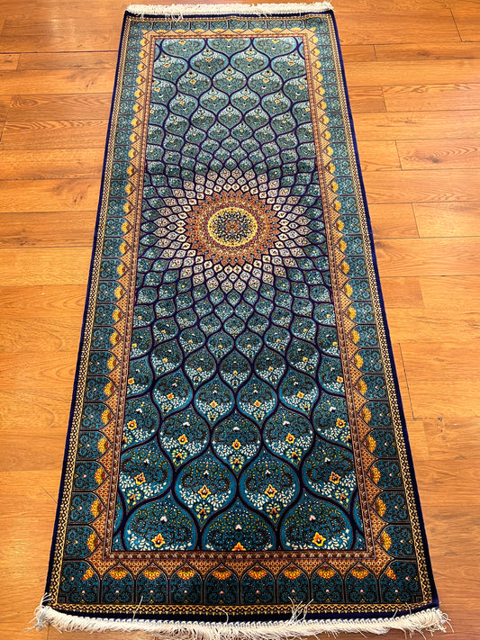 Bamboo Silk Runner Rug – Turquoise & Navy Radiant Medallion Design – 2’6” × 6’5”
