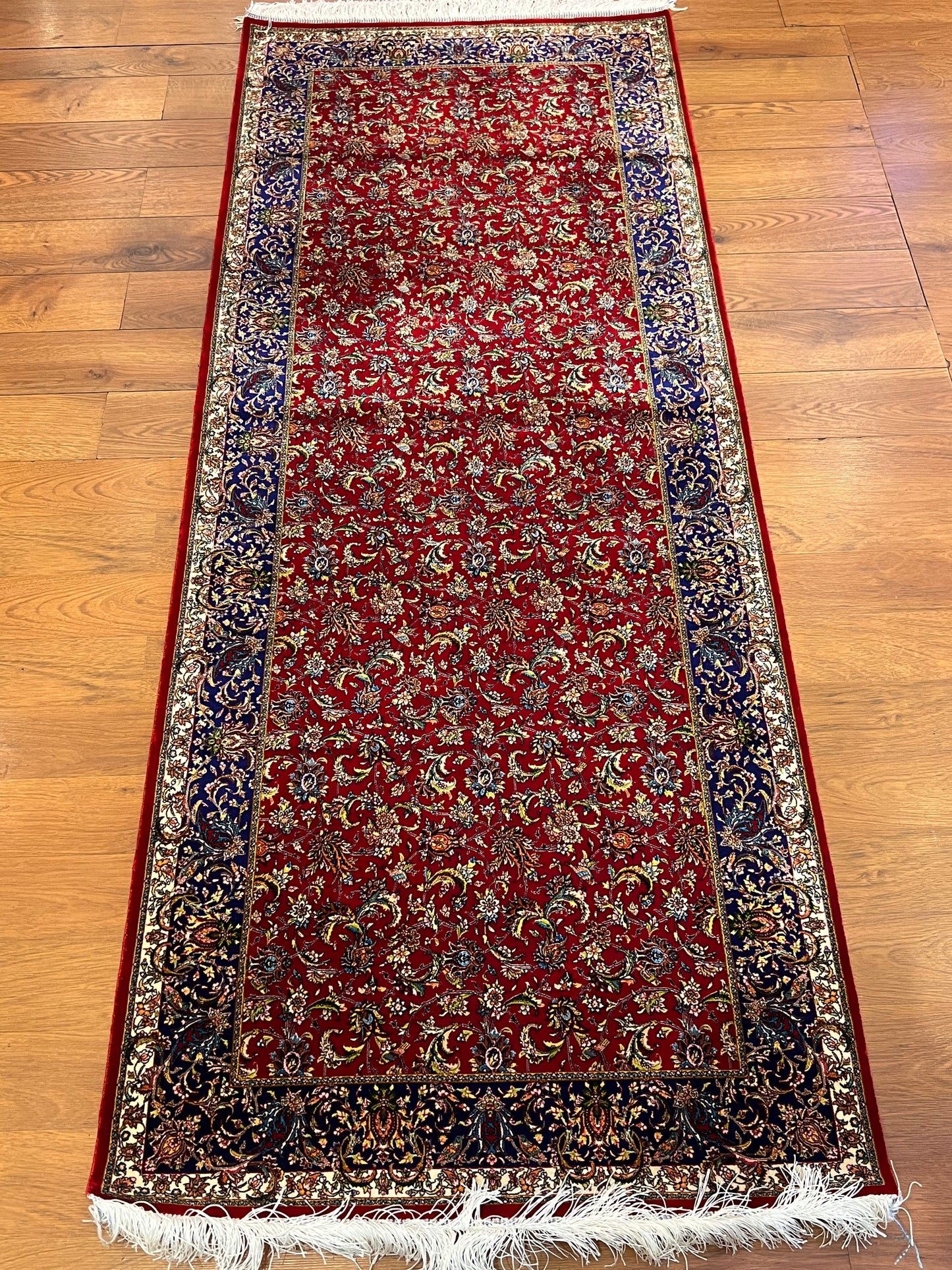2’7”×6’8” Bamboo Silk Runner Rug – Red & Navy Floral Traditional Turkish Design