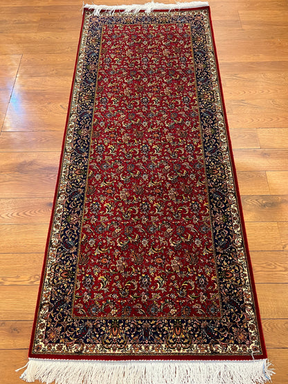 2’7”×6’8” Bamboo Silk Runner Rug – Red & Navy Floral Traditional Turkish Design
