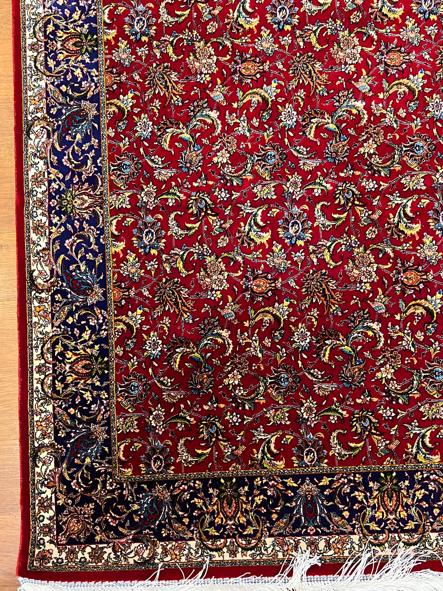 2’7”×6’8” Bamboo Silk Runner Rug – Red & Navy Floral Traditional Turkish Design