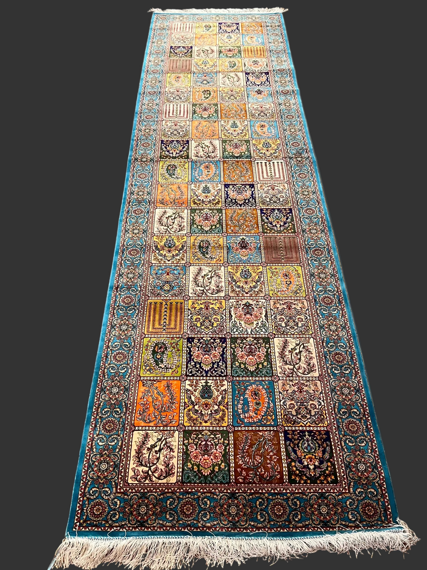 2’7” × 10’ Silk Rug Runner Rug – Turquoise Multicolor Patchwork Woven Turkish Rug