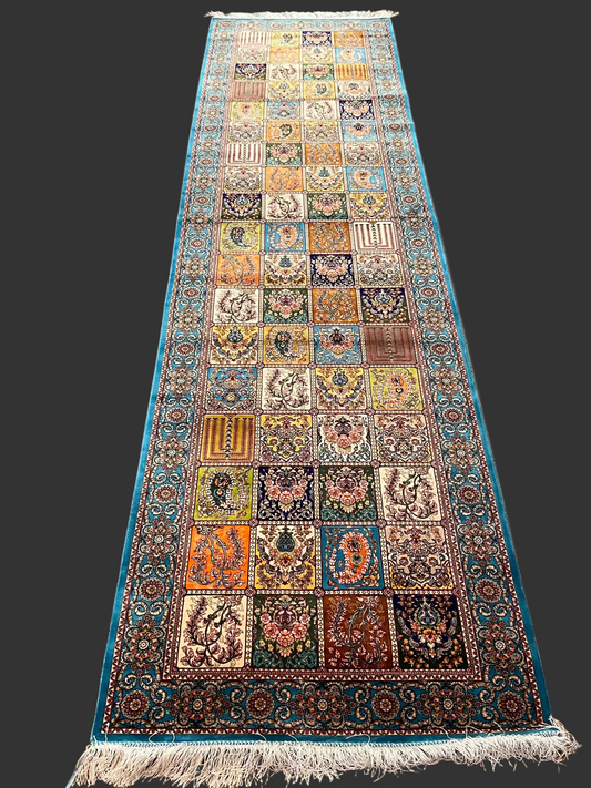 2’7” × 10’ Silk Rug Runner Rug – Turquoise Multicolor Patchwork Woven Turkish Rug
