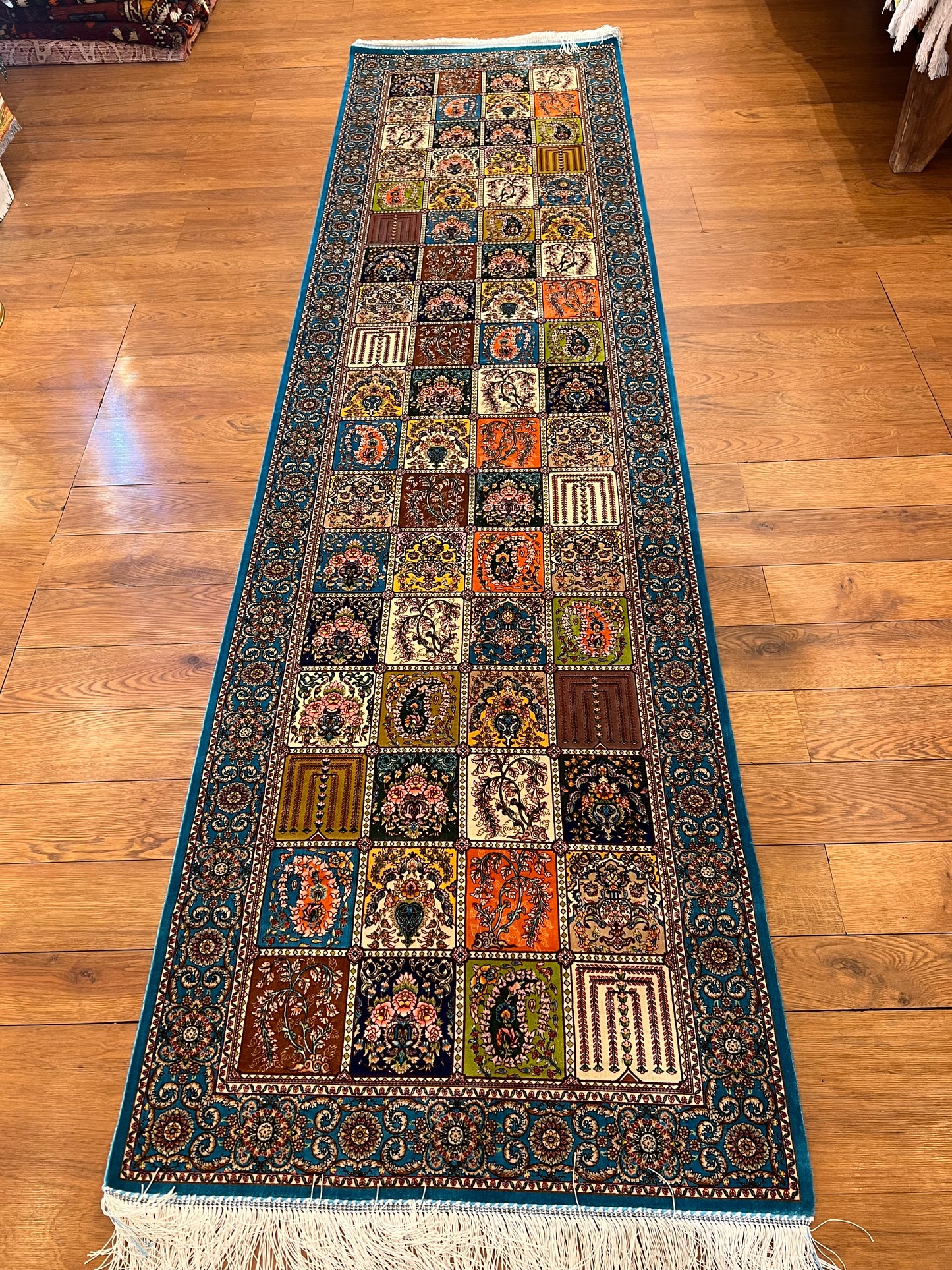 2’7”×9’10” Silk Rug Runner Rug – Turquoise Multicolor Patchwork Woven Turkish Rug