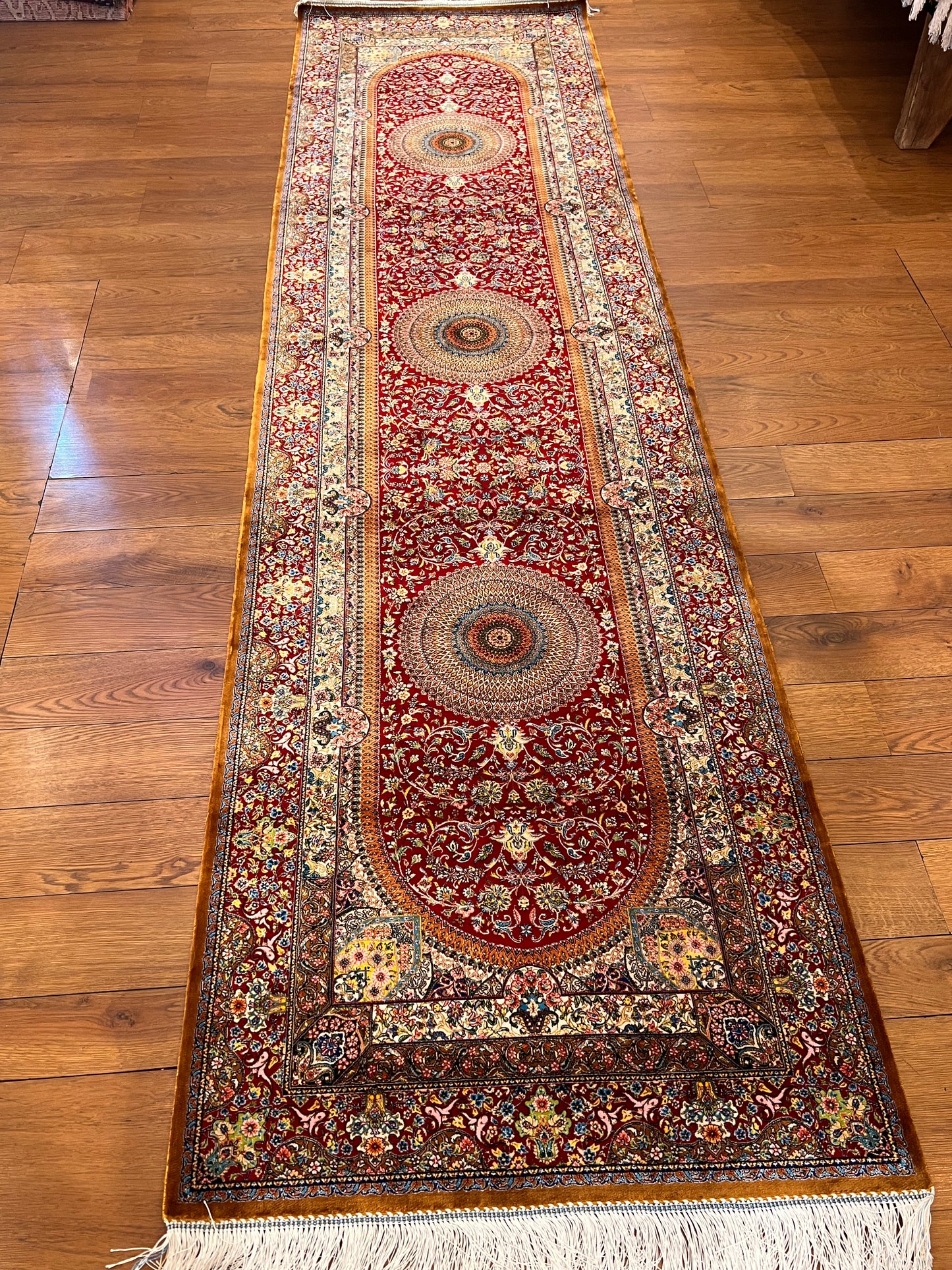 2’7”×9’9” Bamboo Silk Runner Rug – Red Medallion Floral Turkish Design