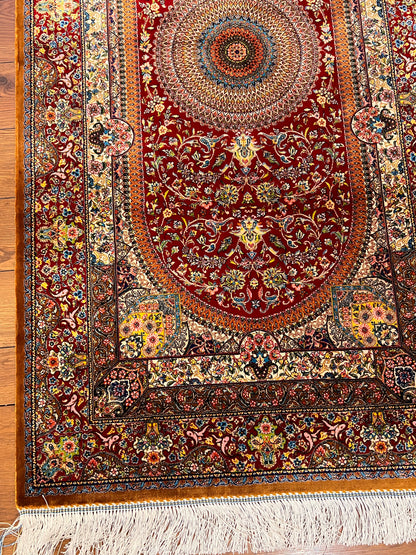 2’7”×9’9” Bamboo Silk Runner Rug – Red Medallion Floral Turkish Design