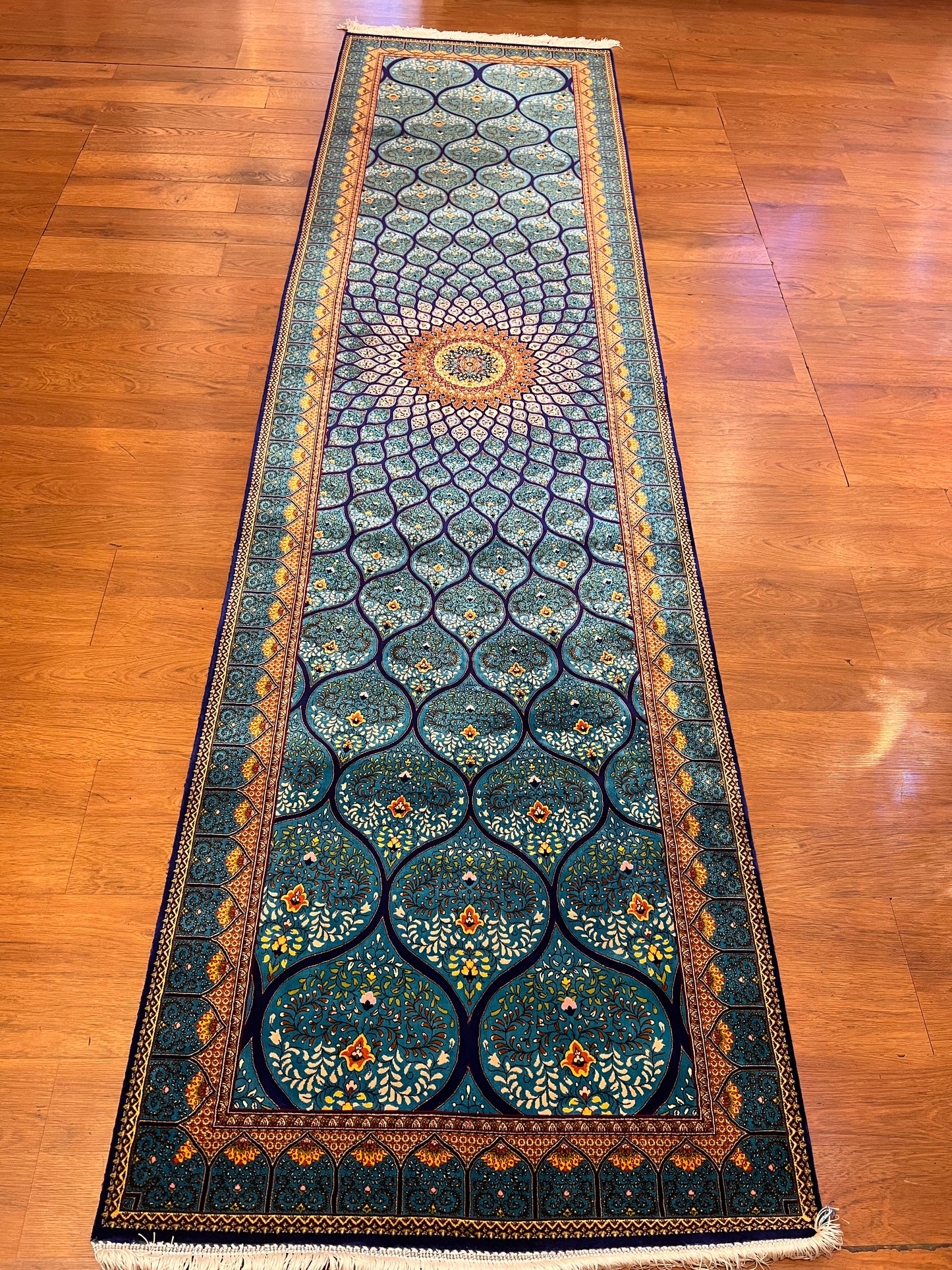 2’6”×10’ Bamboo Silk Runner Rug – Turquoise Geometric Medallion Turkish Design