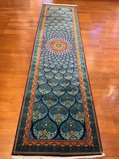 2’6”×10’ Bamboo Silk Runner Rug – Turquoise Geometric Medallion Turkish Design