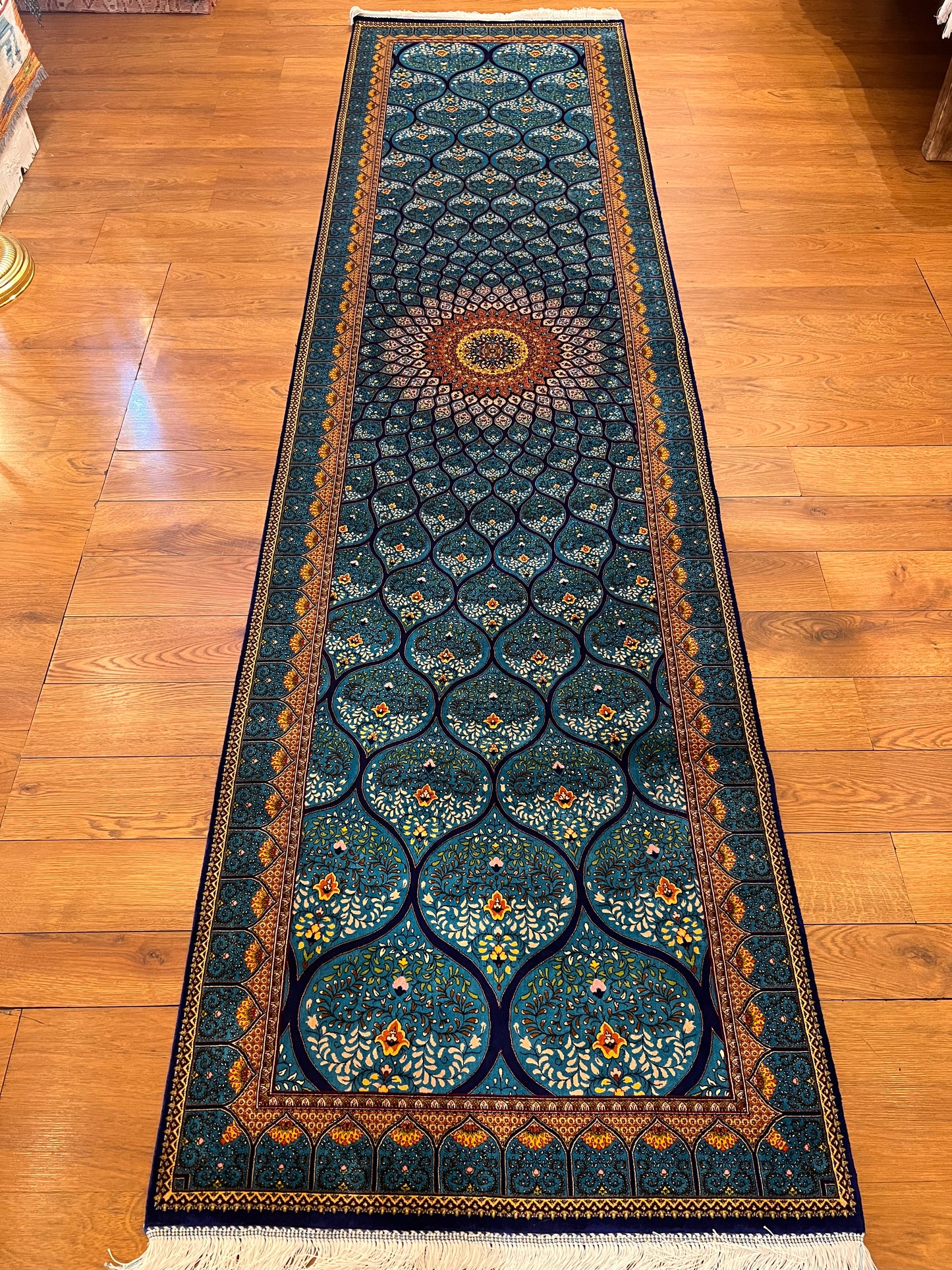 2’6”×10’ Bamboo Silk Runner Rug – Turquoise Geometric Medallion Turkish Design