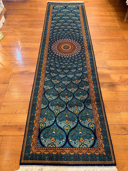 2’6”×10’ Bamboo Silk Runner Rug – Turquoise Geometric Medallion Turkish Design