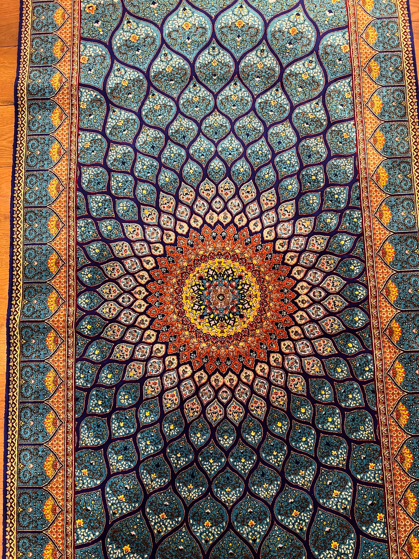 2’6”×10’ Bamboo Silk Runner Rug – Turquoise Geometric Medallion Turkish Design