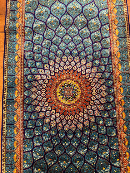 2’6”×10’ Bamboo Silk Runner Rug – Turquoise Geometric Medallion Turkish Design