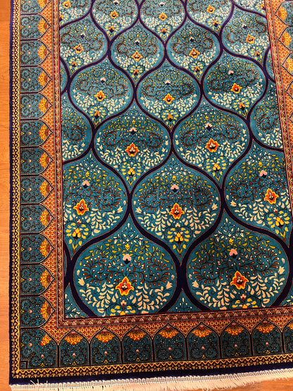 2’6”×10’ Bamboo Silk Runner Rug – Turquoise Geometric Medallion Turkish Design