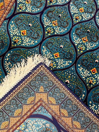 2’6”×10’ Bamboo Silk Runner Rug – Turquoise Geometric Medallion Turkish Design