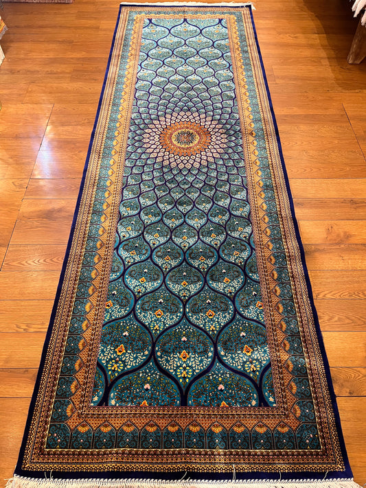 3’2” × 9’9” Bamboo Silk Runner Rug – Turquoise & Navy Geometric Medallion Turkish Design